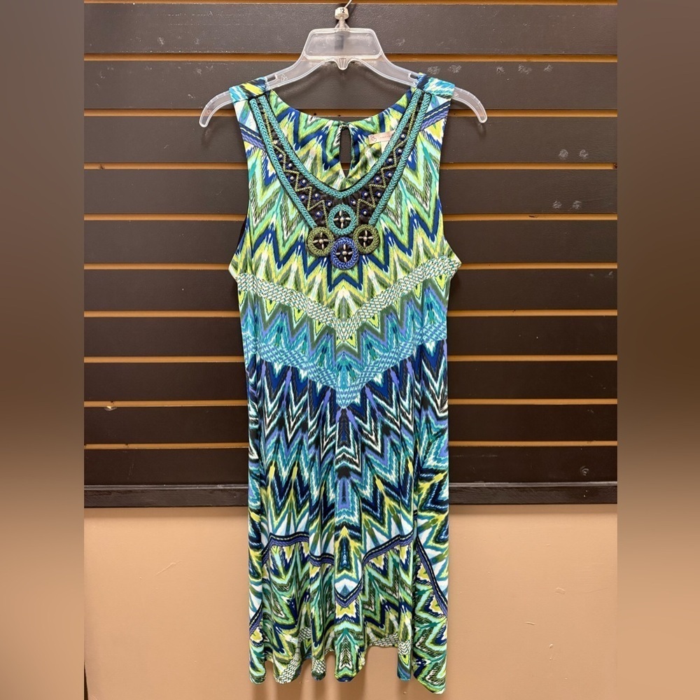 DressBarn DB Established 1962 Blue Green Chevron Midi Dress Size 12